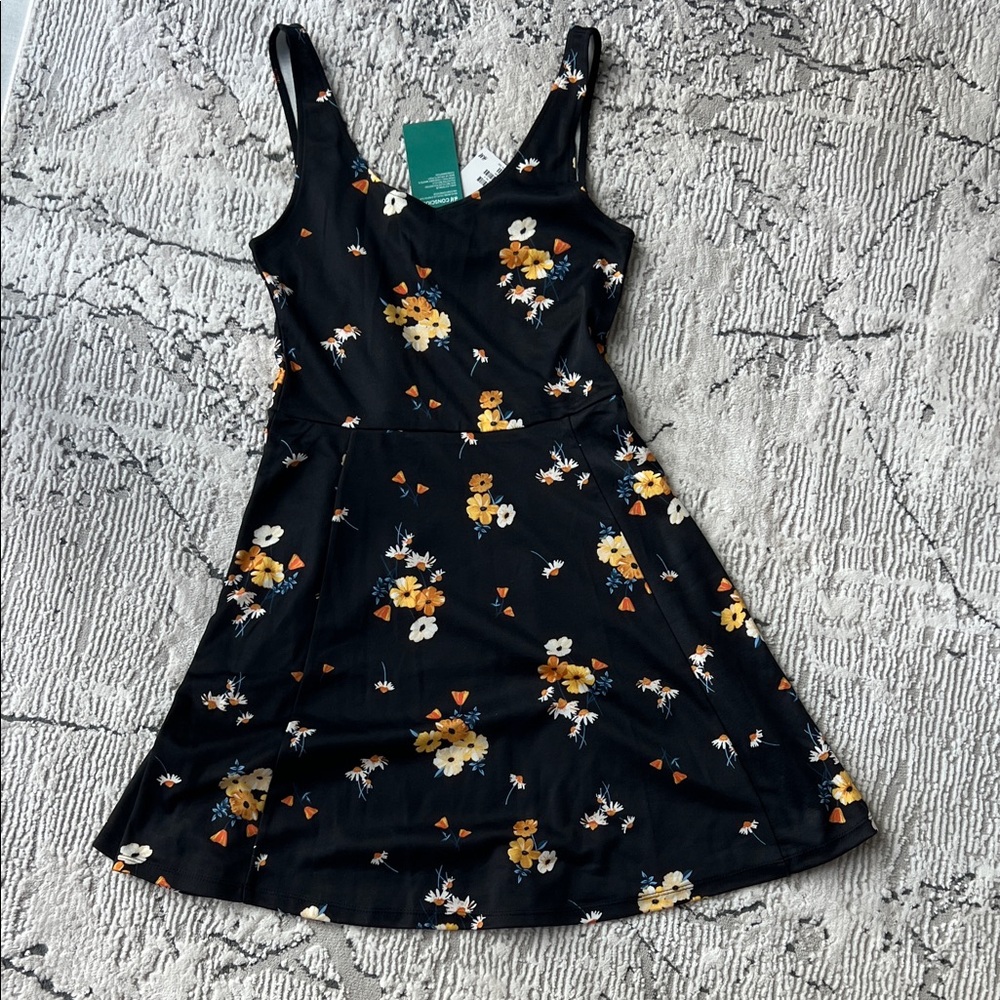 H&M Black Mini Dress with Orange Floral Pattern